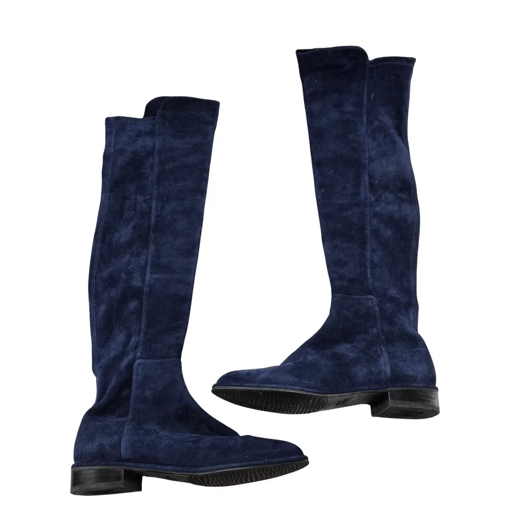 Stuart Weitzman Over The Knee 5050 Boots Navy Blue Suede Stretch 1